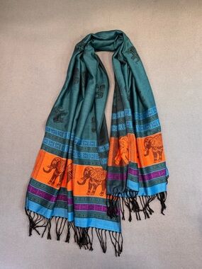 Pashmina 100% pashmina Boho Orange, Teal, Purple & Blue Elephant-Print Scarf